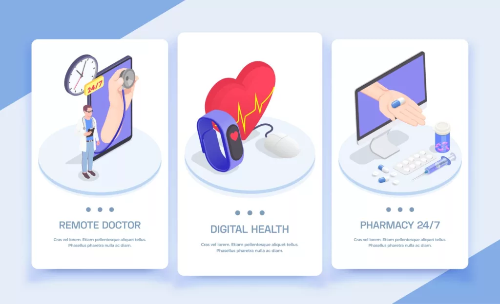 vector telemedicine and digital health isometric vertical banners set